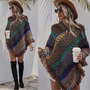 Tan Fringe Hem Multi Color Sweater Poncho One Size